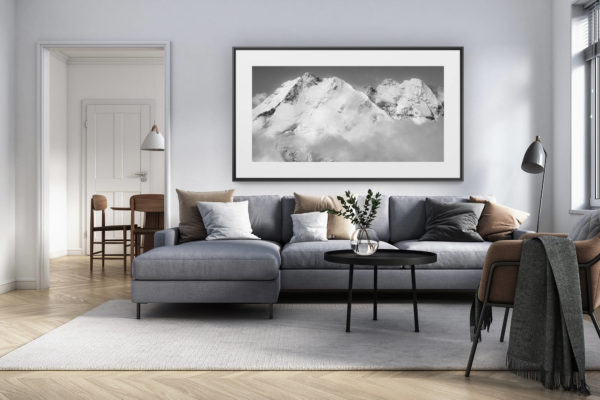 décoration intérieur salon rénové suisse - photo alpes panoramique grand format - Bernina - photo paysage montagne noir et blanc Alpes Suisses