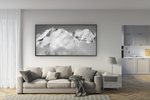 déco salon rénové - tendance photo montagne grand format - Bernina - photo paysage montagne noir et blanc Alpes Suisses