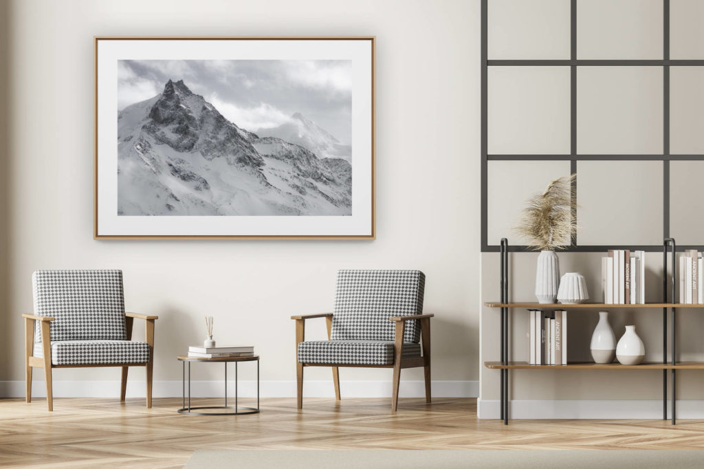 décoration intérieur moderne avec photo de montagne noir et blanc grand format - Besso - Obergabelhorn - Image de montagne rocheuse de Zermatt en noir et blanc