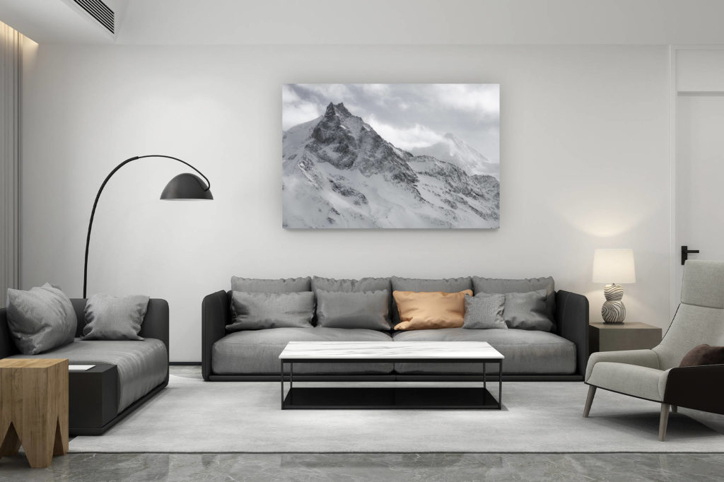 zeitgenössische Schweizer Wohnzimmerdekoration - Geschenk für Schweizer Bergliebhaber - Besso - Obergabelhorn - Bild des felsigen Berges von Zermatt in Schwarz und Weiß
