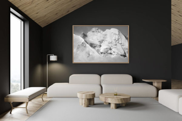 décoration chalet suisse - intérieur chalet suisse - photo montagne grand format - Photo aérienne Engadine Suisse - image noir et blanc des Alpes suisses Biancograt - Roseg