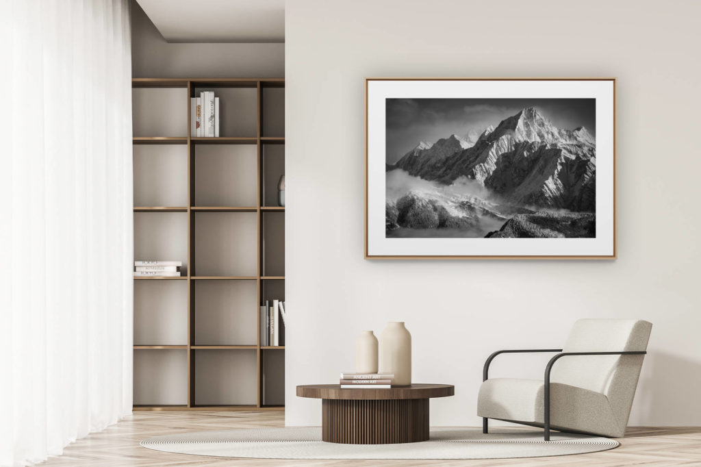 déco tendance salon moderne - photo montagne noir et blanc grand format - Photo noir et blanc - les Alpes Bernoises - Bietschhorn