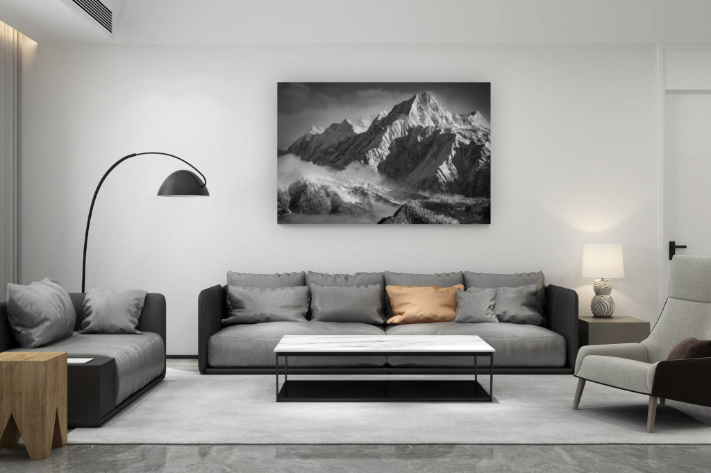 zeitgenössische Wohnzimmerdekoration aus der Schweiz - Geschenk für Schweizer Bergfreunde - Schwarz-Weiß-Foto - Berner Alpen -. Bietschhorn