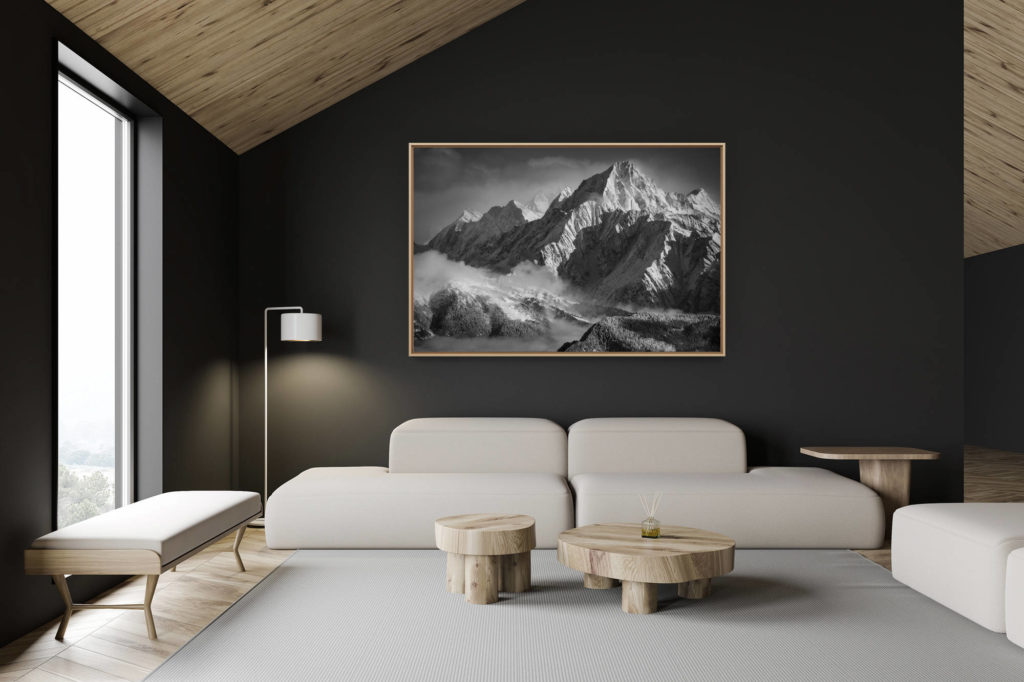 Dekoration Schweizer Chalet - Inneneinrichtung Schweizer Chalet - Bergfoto im Großformat - Schwarz-Weiß-Foto - Berner Alpen -. Bietschhorn