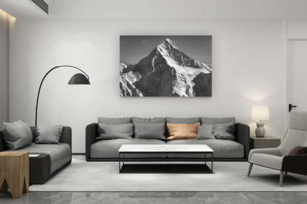 décoration salon contemporain suisse - cadeau amoureux de montagne suisse - Bietschhorn - Sommet de montagne Suisse en noir et blanc dans les Alpes Bernoises - Canton du Valais Loetschental-