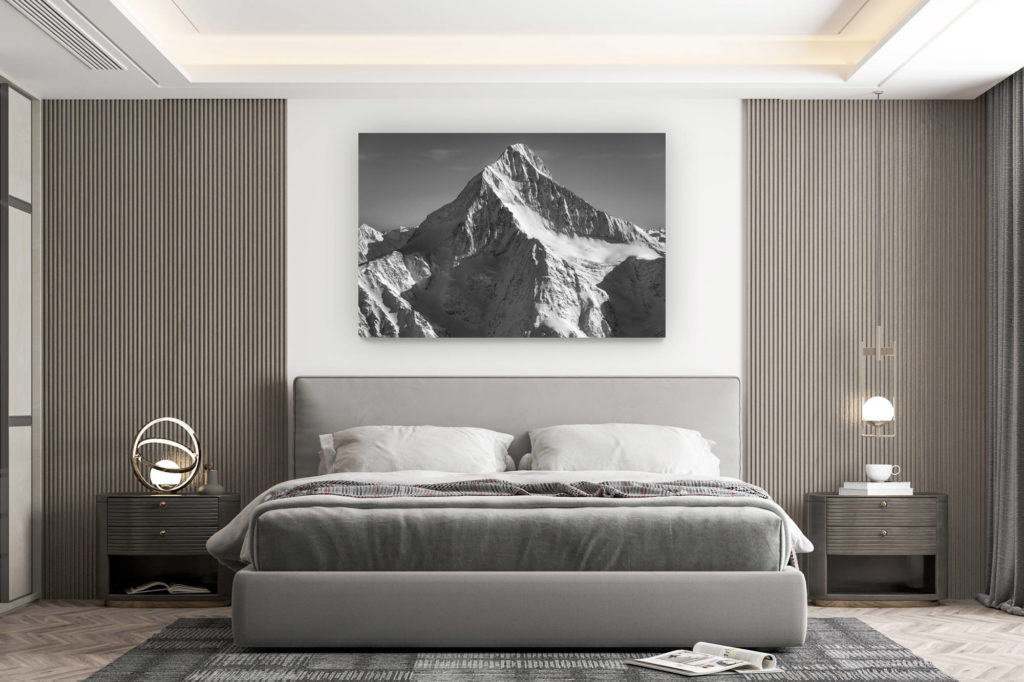 décoration murale chambre design - achat photo de montagne grand format - Bietschhorn - Sommet de montagne Suisse en noir et blanc dans les Alpes Bernoises - Canton du Valais Loetschental-
