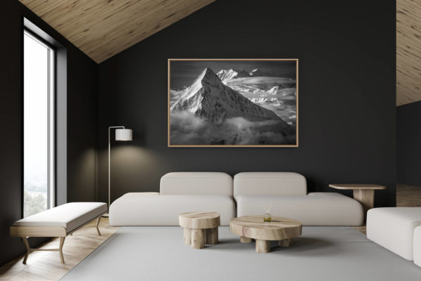 décoration chalet suisse - intérieur chalet suisse - photo montagne grand format - Bietschhorn - Photo noir et blanc du sommet du Loetschental et des montagnes de Saas Fee et Crans Montana dans les Alpes en Suisse