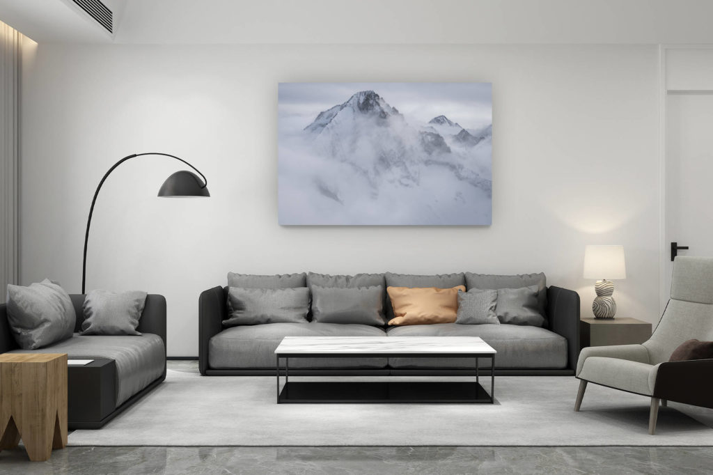 living room decoration contemporary - swiss mountain lovers gift - panoramic picture of Alps mountains - Bietschhorn - Aletschhorn in the mist and clouds