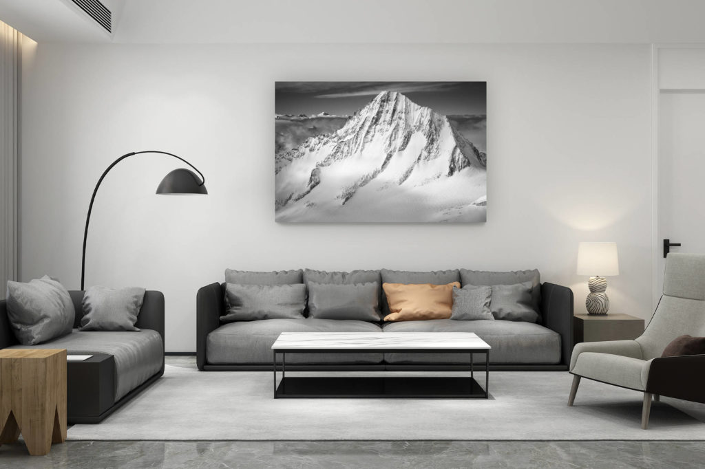 décoration salon contemporain suisse - cadeau amoureux de montagne suisse - Photo noir et blanc des Alpes Bernoises - Bietschorn sommets des ALpes enneigés