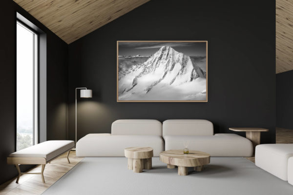 décoration chalet suisse - intérieur chalet suisse - photo montagne grand format - Photo noir et blanc des Alpes Bernoises - Bietschorn sommets des ALpes enneigés