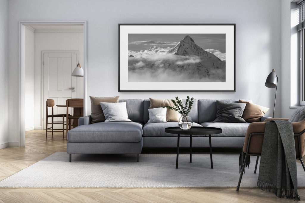 interior decoration swiss living room - panoramic alps picture large size - Bietschhorn- Monte Leone - black and white panoramic picture of a swiss mountain landscape