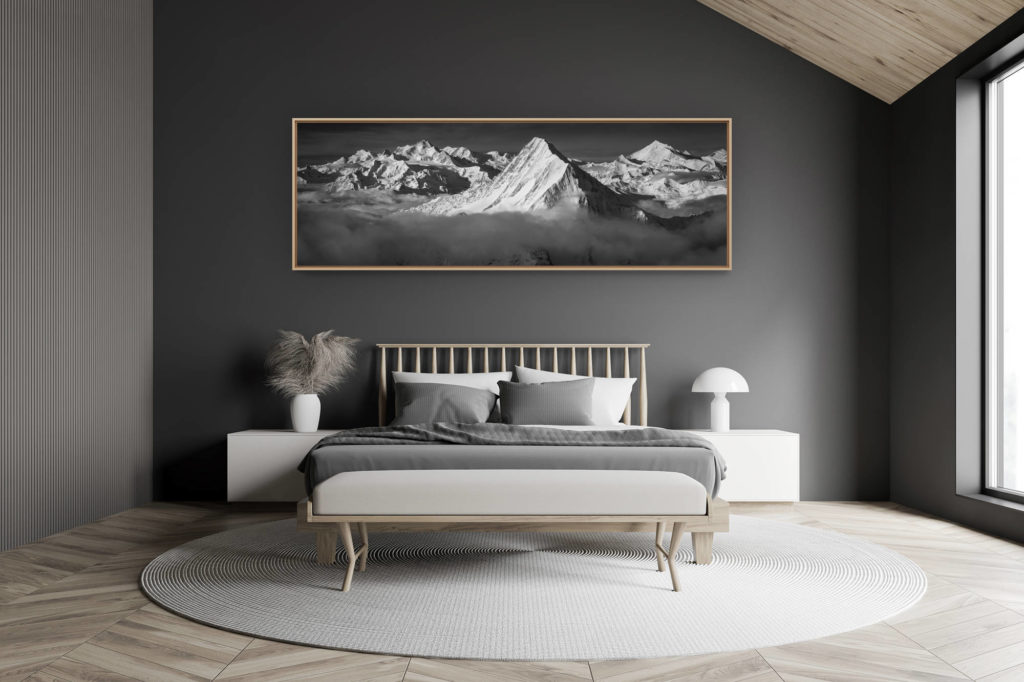 décoration chambre adulte moderne dans petit chalet suisse- photo montagne grand format - Poster panoramique Alpes Suisses Valaisannes - Bietschorn - Michabels - Weisshorn