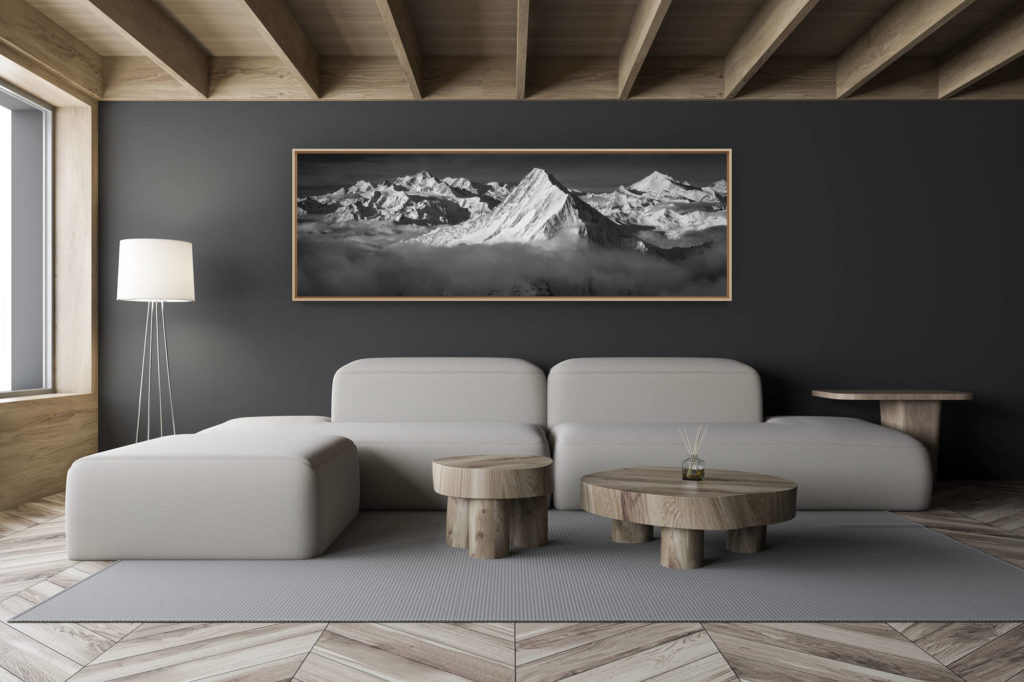 décoration salon chalet moderne - intérieur petit chalet suisse - photo montagne noir et blanc grand format - Poster panoramique Alpes Suisses Valaisannes - Bietschorn - Michabels - Weisshorn