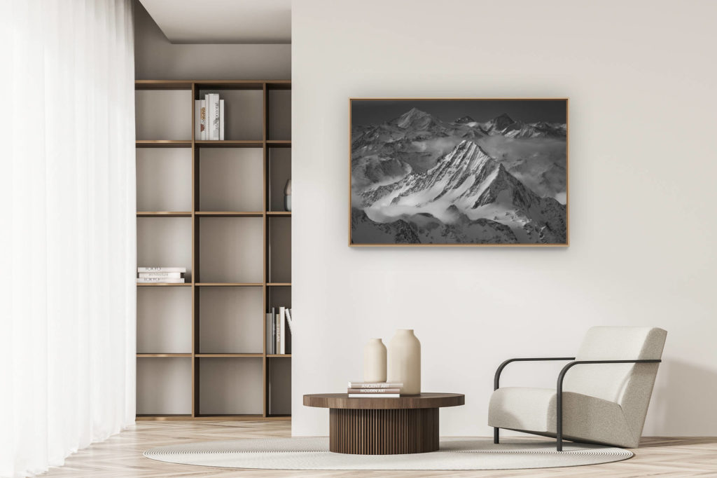 décoration appartement moderne - art déco design - photo paysage de montagne noir et blanc - Bietschhorn - Weisshorn - Dent d'Hérens - Dent Blanche - Grand Cornier
