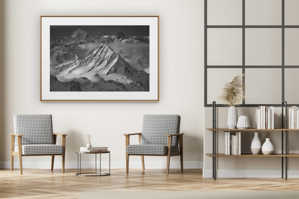 décoration intérieur moderne avec photo de montagne noir et blanc grand format - photo paysage de montagne noir et blanc - Bietschhorn - Weisshorn - Dent d'Hérens - Dent Blanche - Grand Cornier
