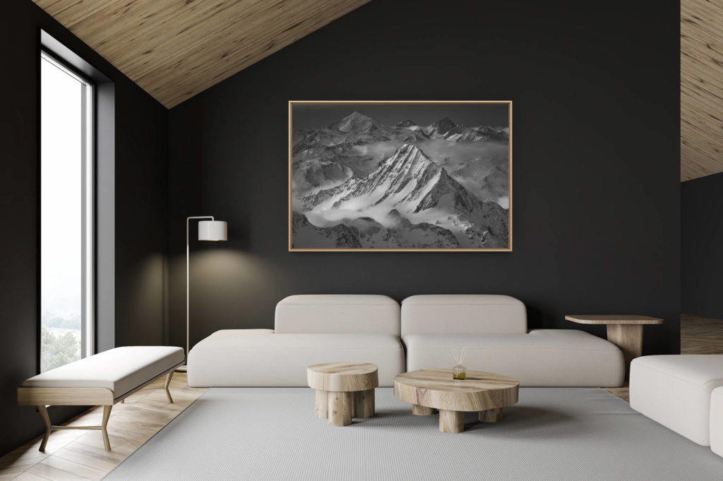 décoration chalet suisse - intérieur chalet suisse - photo montagne grand format - photo paysage de montagne noir et blanc - Bietschhorn - Weisshorn - Dent d'Hérens - Dent Blanche - Grand Cornier