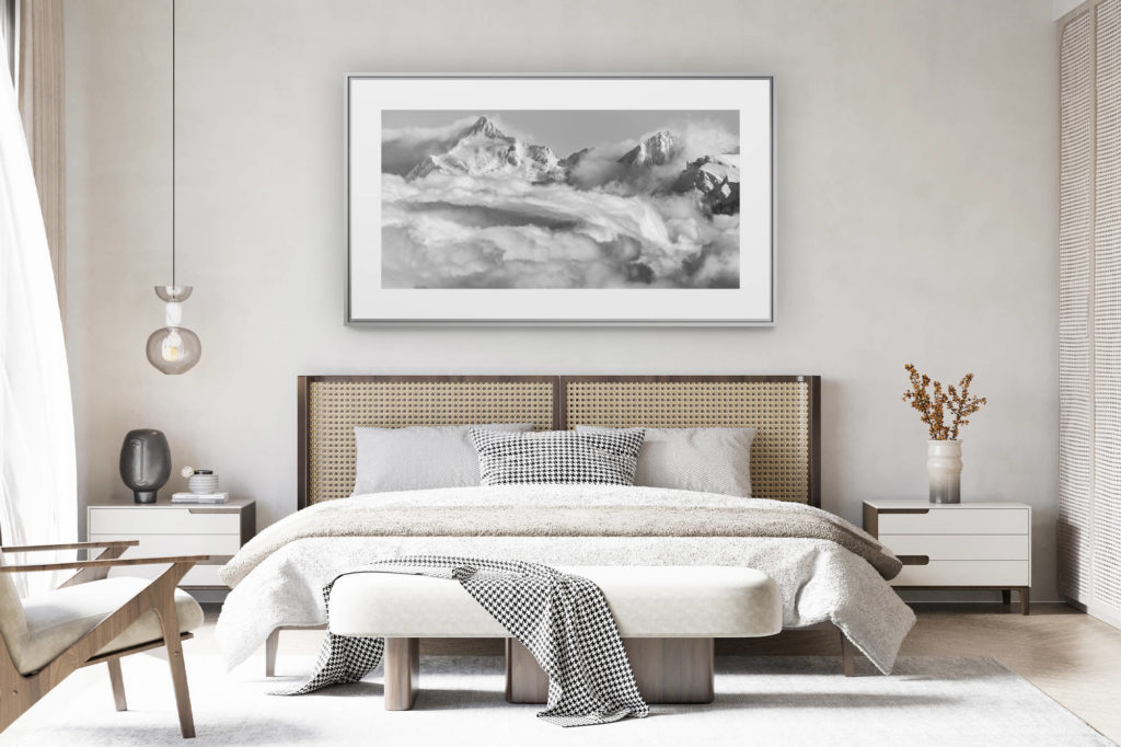 decorating a room in a renovated Swiss chalet - large panoramic mountain photo - Bortelhorn in a sea of clouds in black and white - summits of the Valais Alps