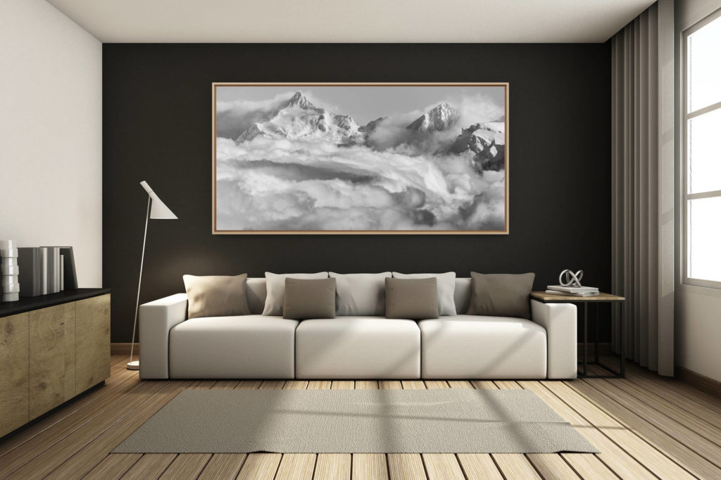 living room decoration renovated mountain chalet - large mountain picture - - Bortelhorn in a sea of clouds in black and white - summits of the Valaisan Alps