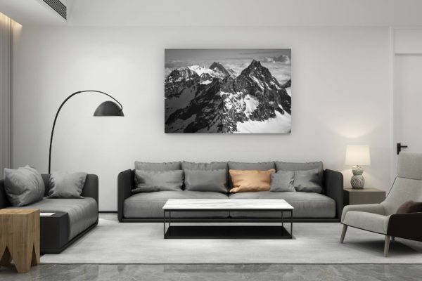 décoration salon contemporain suisse - cadeau amoureux de montagne suisse - image d un paysage de montagne en noir et blanc -  de Bouquetins, Dents de Bertol - Aiguille de la Tsa - Veisivi