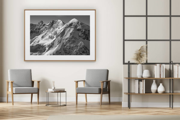 décoration intérieur moderne avec photo de montagne noir et blanc grand format - Breithorn - Zermatt - Image montagne neige noir et blanc d'un glacier des alpes
