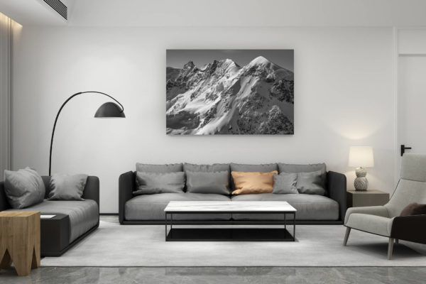 décoration salon contemporain suisse - cadeau amoureux de montagne suisse - Breithorn - Zermatt - Image montagne neige noir et blanc d'un glacier des alpes