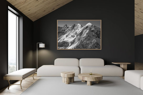 décoration chalet suisse - intérieur chalet suisse - photo montagne grand format - Breithorn - Zermatt - Image montagne neige noir et blanc d'un glacier des alpes