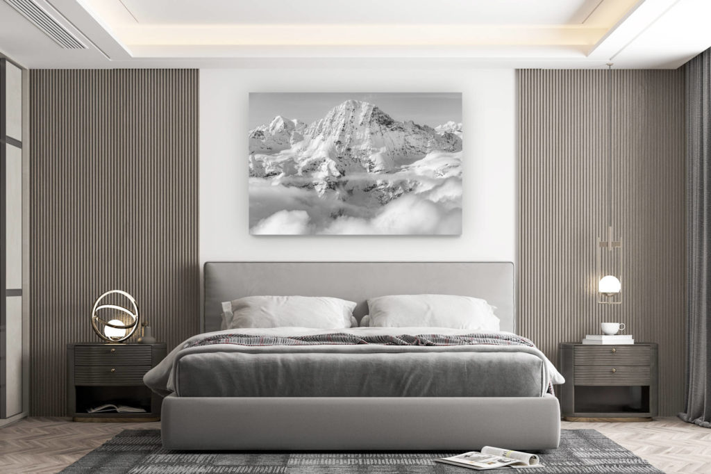 wall decoration design room - buy large size mountain picture - Grindelwald - Breithorn - black and white mountain picture with the summit mountain range in a sea of clouds