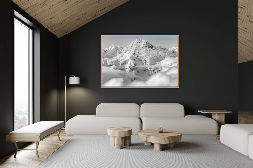 swiss chalet decoration - swiss chalet interior - large mountain picture - Grindelwald - Breithorn - black and white mountain picture with the summit mountain range in a sea of clouds