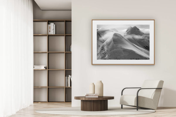 déco tendance salon moderne - photo montagne noir et blanc grand format - Breithorn - Lyskamm - vallée de zermatt noir et blanc - zermatters breithorn