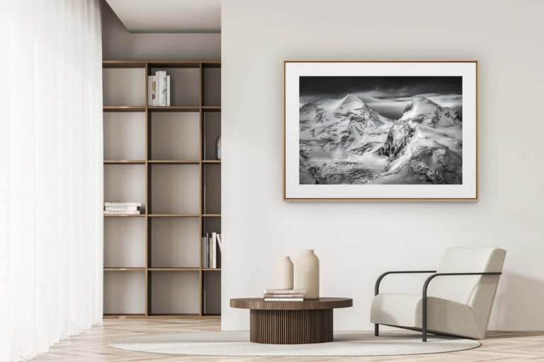 déco tendance salon moderne - photo montagne noir et blanc grand format - Zermatt - Valais Suisse - photo de paysage montagne - Castor Pollux