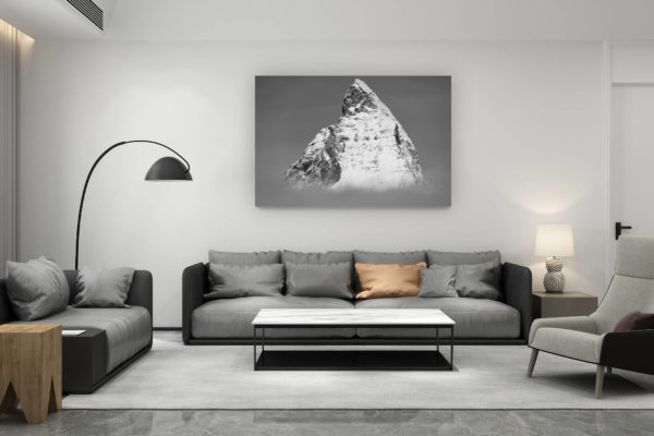 décoration salon contemporain suisse - cadeau amoureux de montagne suisse - Pic du sommet de la montagne Mont Cervin en noir et blanc- La plus belle montagne des Alpes Valaisannes en Suisse noir et blanc