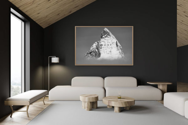 décoration chalet suisse - intérieur chalet suisse - photo montagne grand format - Pic du sommet de la montagne Mont Cervin en noir et blanc- La plus belle montagne des Alpes Valaisannes en Suisse noir et blanc