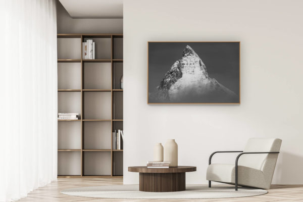 decoration modern apartment - art deco design - Photo The Matterhorn and summit peak of the mountain in the clouds in black and white - The most beautiful mountain of the Alps in the canton of Valais in Switzerland