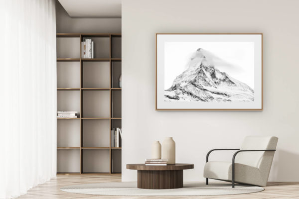 déco tendance salon moderne - photo montagne noir et blanc grand format - Zermatt - Photo noir et blanc du sommet de montagne dans les Alpes Valaisannes après une tempête de neige