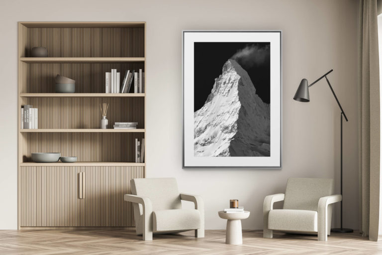 décoration murale salon - photo montagne alpes suisses noir et blanc - Mont Cervin Suisse enneigé - Photo du Cervin vu de Findelalp