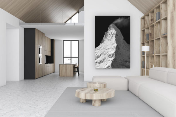 luxus chalet dekoration schweiz - großformatiges vertikales Bergfoto - Design Wanddekoration - The Matterhorn Schweiz schneebedeckt - Matterhorn Foto von Findelalp aus gesehen