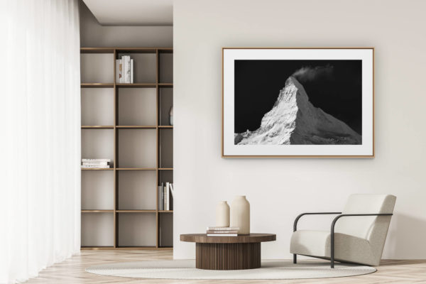 déco tendance salon moderne - photo montagne noir et blanc grand format - Mont Cervin Suisse enneigé - Photo du Cervin vu de Findelalp