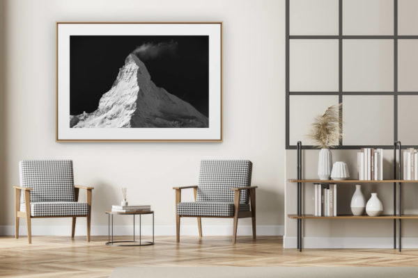 décoration intérieur moderne avec photo de montagne noir et blanc grand format - Mont Cervin Suisse enneigé - Photo du Cervin vu de Findelalp