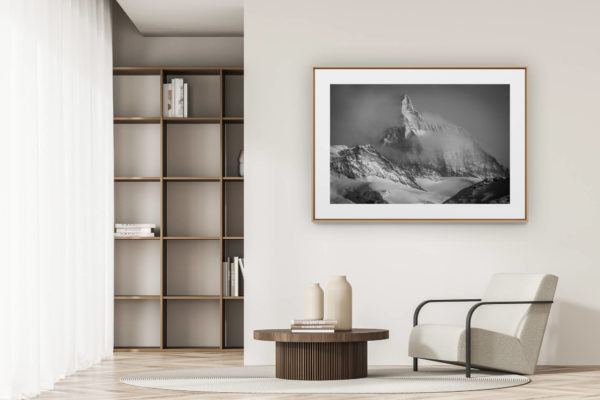 déco tendance salon moderne - photo montagne noir et blanc grand format - Val d'hérens - Cervin et cabane Dent Blanche