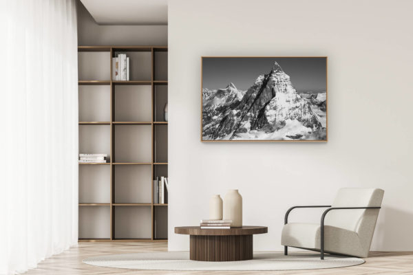 modern apartment decoration - art deco design - Snow mountain picture of The Matterhorn Zermatt  in black and white - Hornli ridge