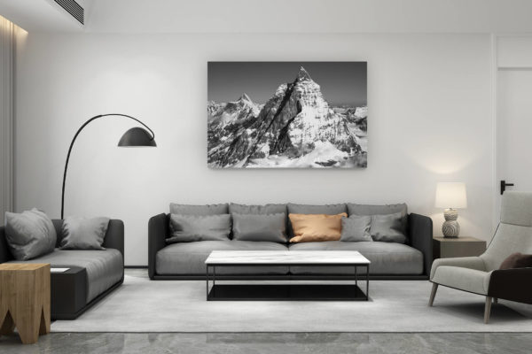 décoration salon contemporain suisse - cadeau amoureux de montagne suisse - Image montagne neige du Mont Cervin Zermatt en noir et blanc - Arête du Hornli