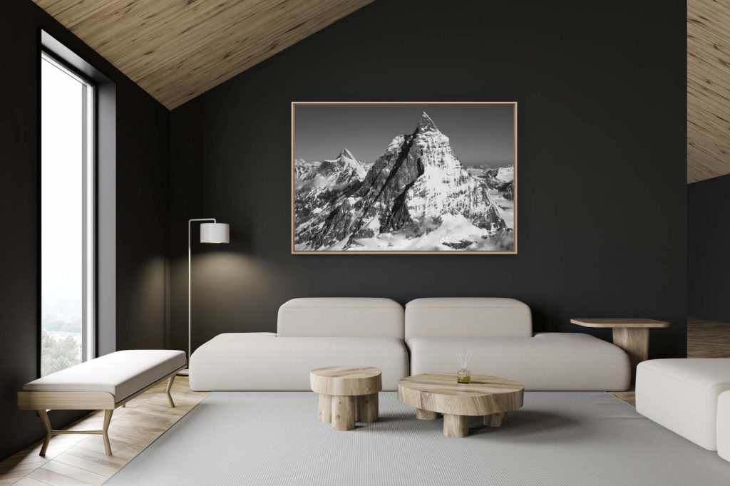décoration chalet suisse - intérieur chalet suisse - photo montagne grand format - Image montagne neige du Mont Cervin Zermatt en noir et blanc - Arête du Hornli
