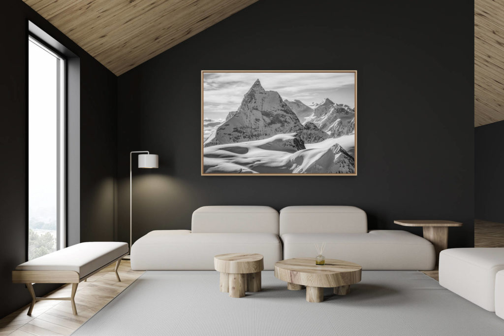 décoration chalet suisse - intérieur chalet suisse - photo montagne grand format - Cervin Zermatt - Le MontCervin - Photo noir et blanc d'un paysage de montagne en neige sur un glacier des alpes