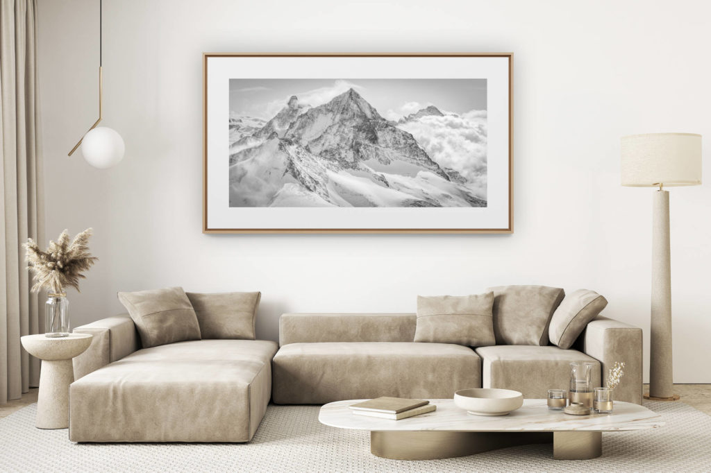 décoration salon clair rénové - photo montagne grand format - panorama montagne Dent Blanche Cervin - tableau panoramique montagne Dent d'Hérens