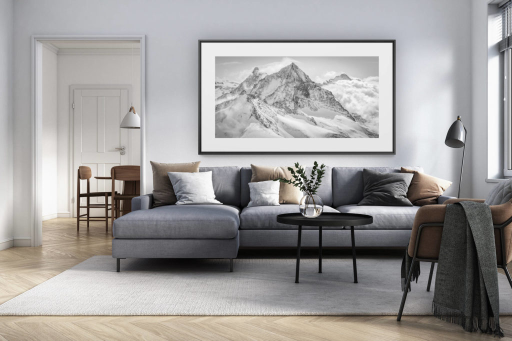 décoration intérieur salon rénové suisse - photo alpes panoramique grand format - panorama montagne Dent Blanche Cervin - tableau panoramique montagne Dent d'Hérens