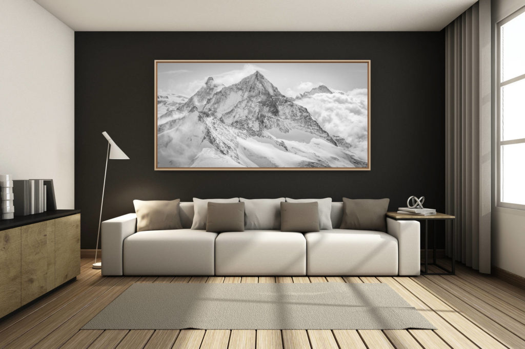 déco salon chalet rénové de montagne - photo montagne grand format -  - panorama montagne Dent Blanche Cervin - tableau panoramique montagne Dent d'Hérens