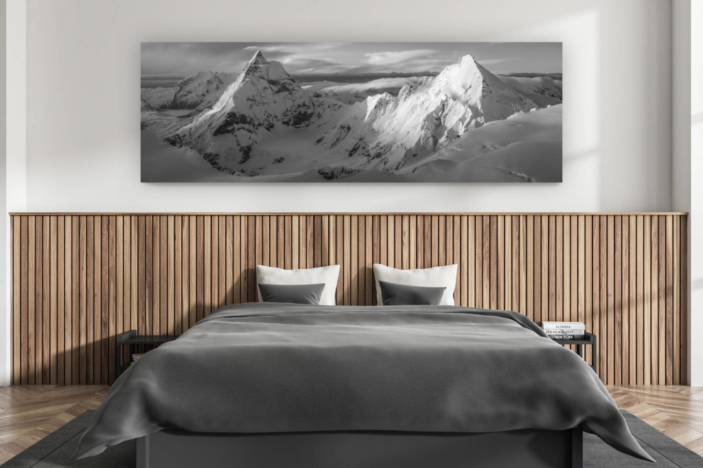 décoration murale chambre adulte moderne - intérieur chalet suisse - photo montagnes grand format alpes suisses - Photo noir et blanc panoramique du Cervin et Dent d'Hérens