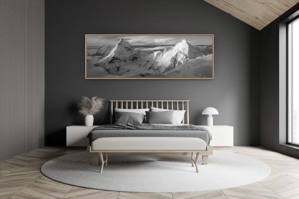 décoration chambre adulte moderne dans petit chalet suisse- photo montagne grand format - Photo noir et blanc panoramique du Cervin et Dent d'Hérens
