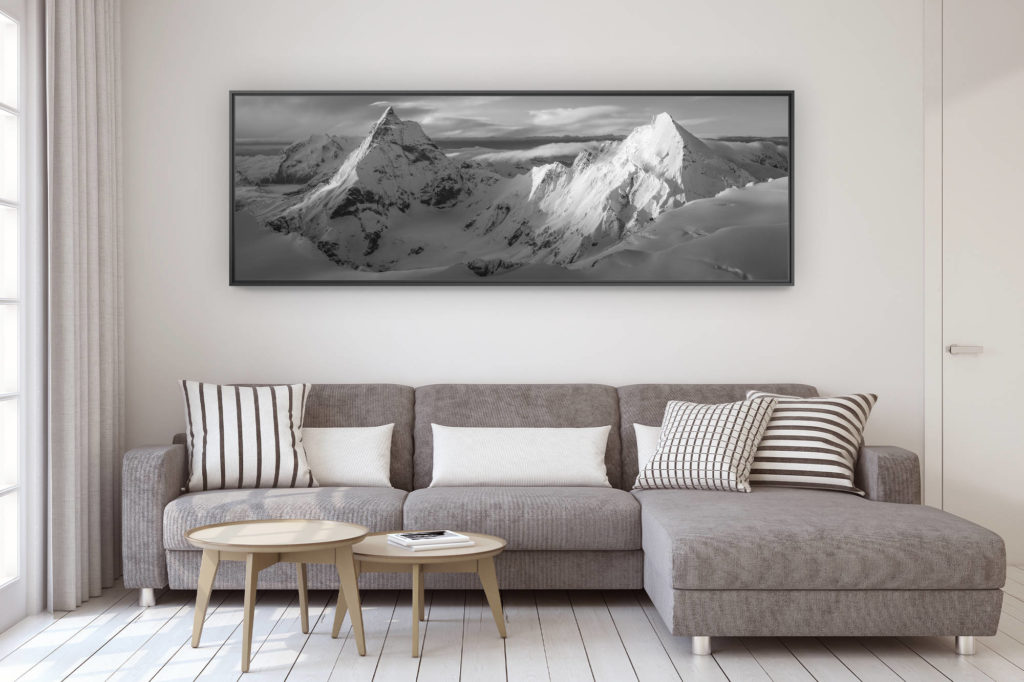 décoration murale design salon moderne - photo montagne grand format - Photo noir et blanc panoramique du Cervin et Dent d'Hérens