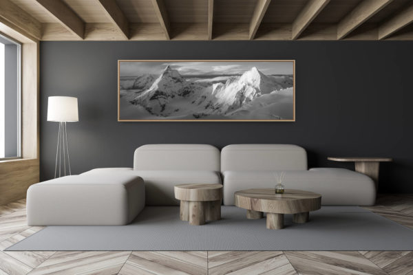 décoration salon chalet moderne - intérieur petit chalet suisse - photo montagne noir et blanc grand format - Photo noir et blanc panoramique du Cervin et Dent d'Hérens